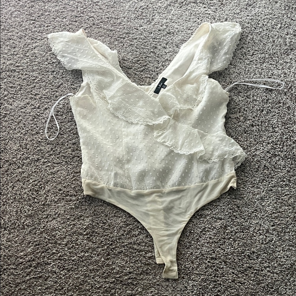 Lulu's Beige Ruffle Bodysuit
